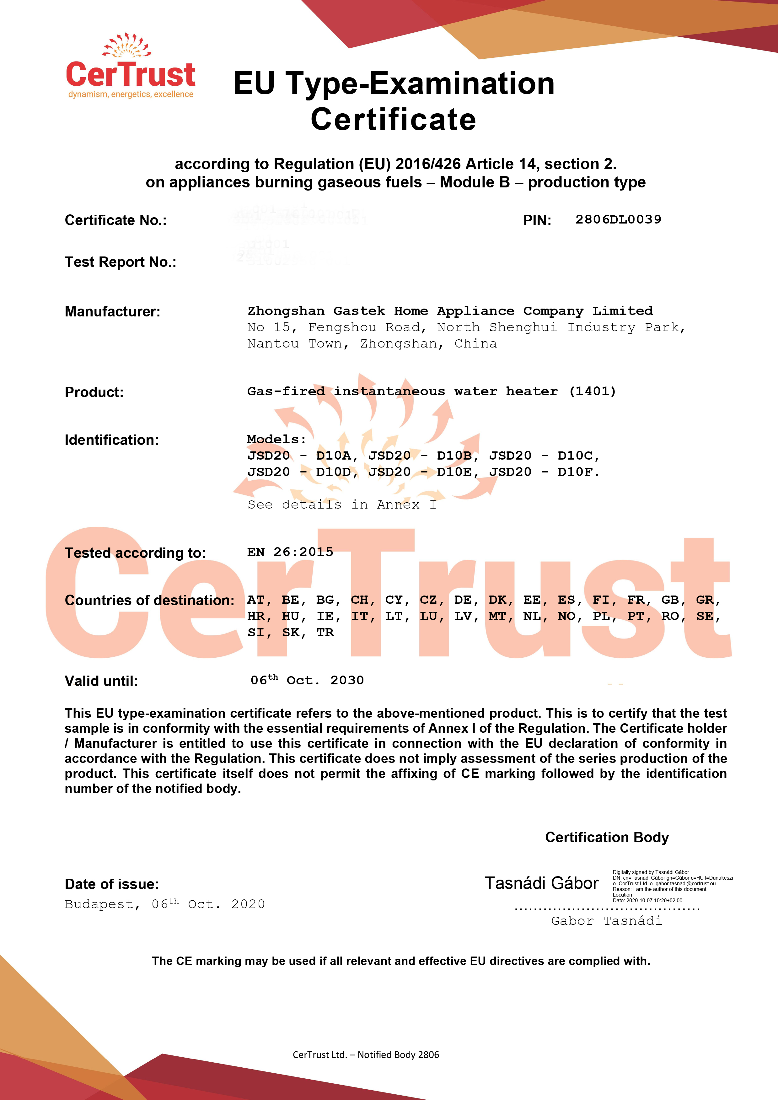 Nakuha ni Gastek ang CE certificate ng gas water heater nitong Oktubre